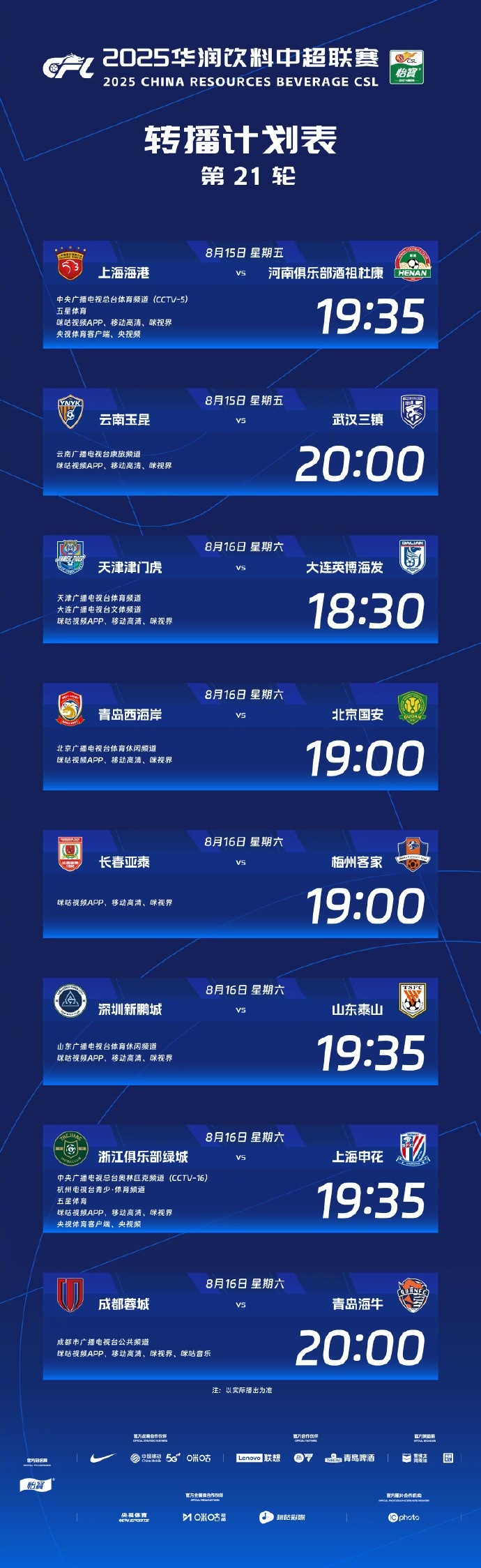 五大联赛-中超本轮转播信息：CCTV5直播海港vs河南 CCTV16直播浙江vs申花